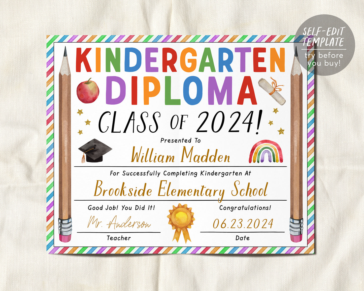 Kindergarten Graduation Diploma Editable Template