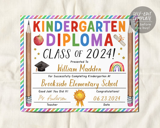 Kindergarten Graduation Diploma Editable Template