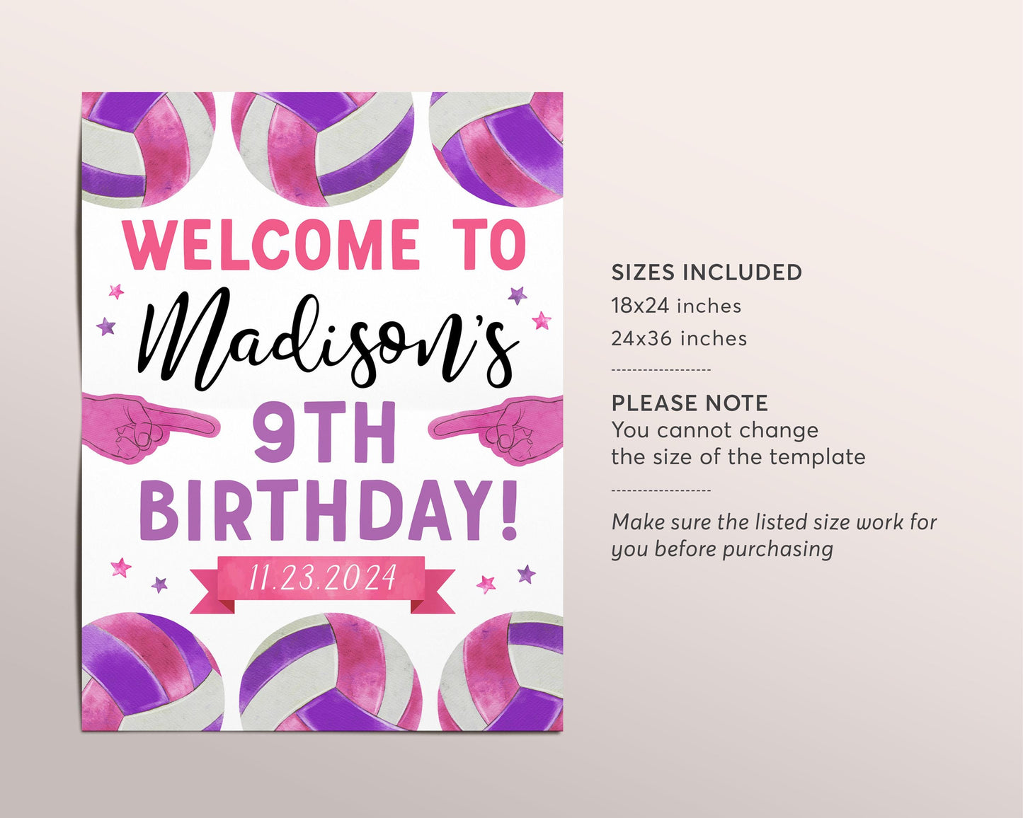 Volleyball Birthday Welcome Sign Editable Template, Volleyball Sports Theme Birthday Poster, End of Season Volleyball Sports Team Party Sign