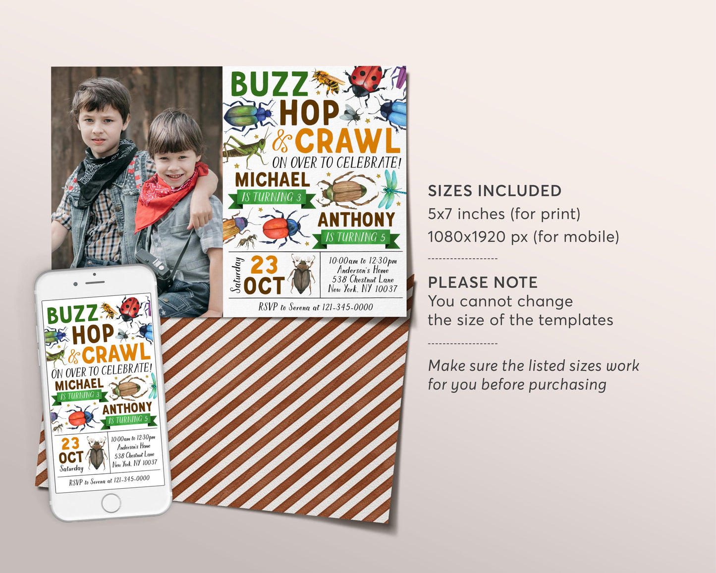 Insect Bugs Joint Siblings Birthday Invitation With Photo Editable Template, Twins Boy Brothers Buzz Hop Crawl Party Invite, Garden Evite