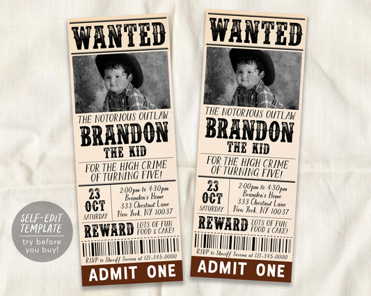 Wanted Poster Birthday Ticket Invitation Editable Template