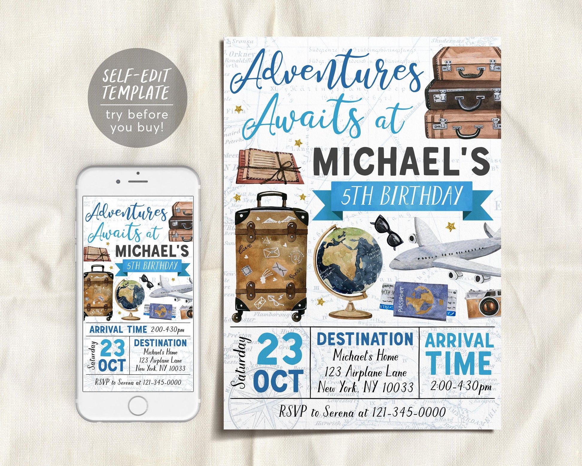 Adventure Awaits Travel Birthday Invitation Editable Template,