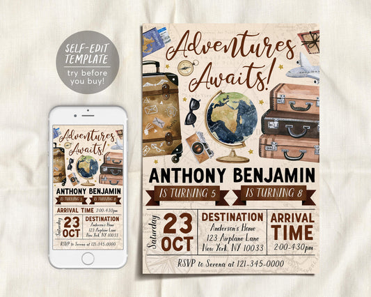 Adventure Awaits Travel Joint Siblings Birthday Invitation Editable Template