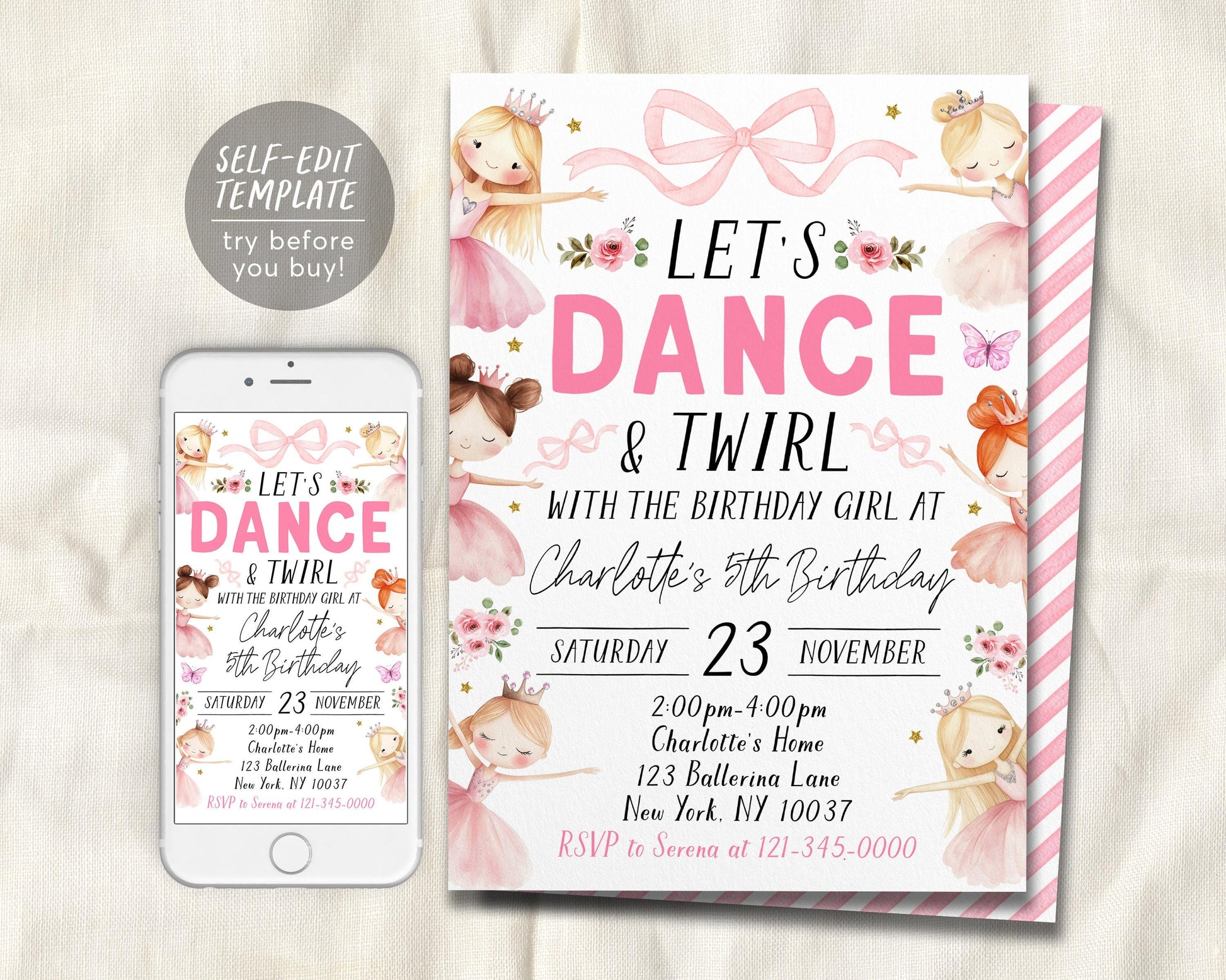 Ballerina Birthday Invitation Editable Template