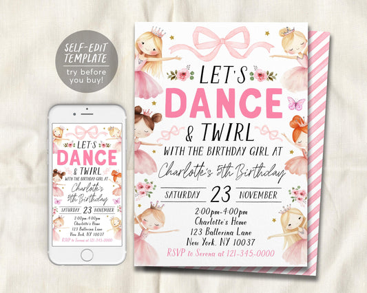 Ballerina Birthday Invitation Editable Template