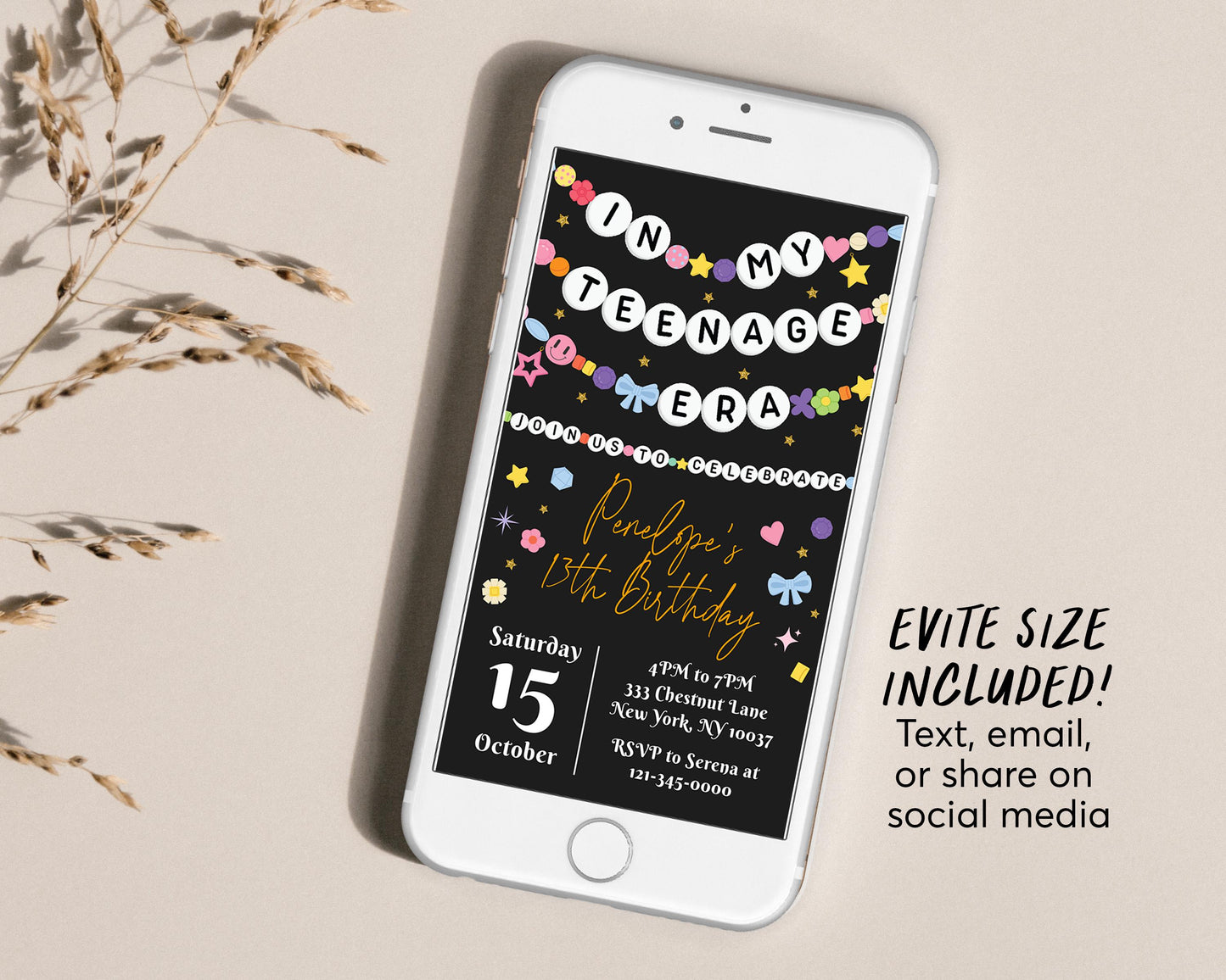 In My Teenage Era Invitation Editable Template, Friendship Bracelet Party Invite, Teen 13th Birthday Girl Eras Music Party Black Gold Evite
