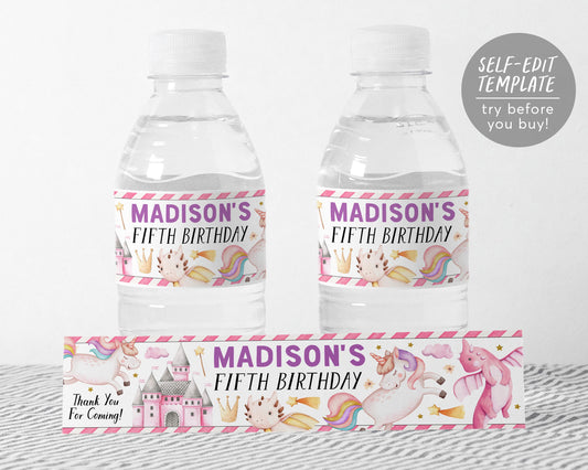 Unicorn Dragon Water Bottle Labels Editable Template