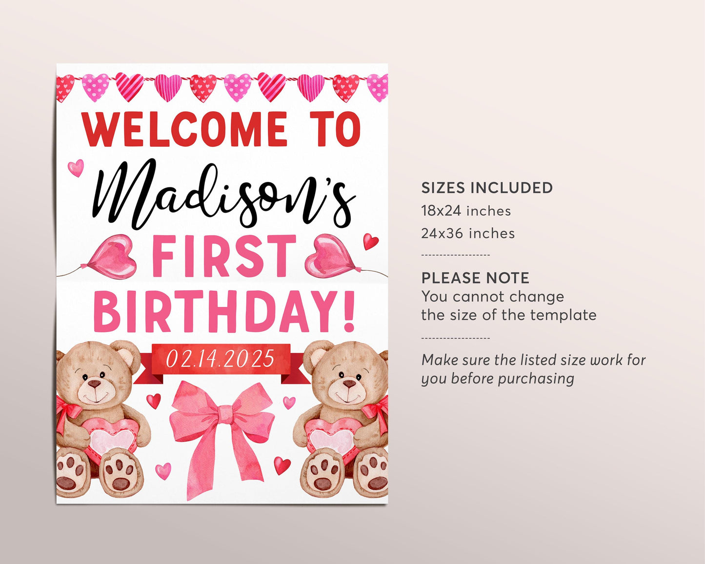 Valentine Sweetheart Birthday Welcome Sign Editable Template, Girl Teddy Bear Pink Red Hearts Birthday Party Poster, Valentines Day Sign