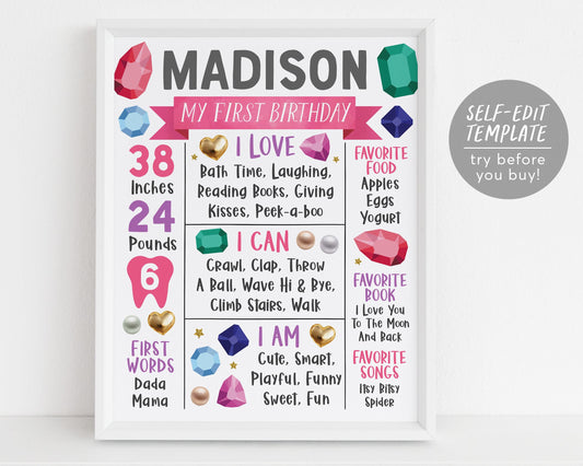 Gems First Year Milestone Sign Editable Template
