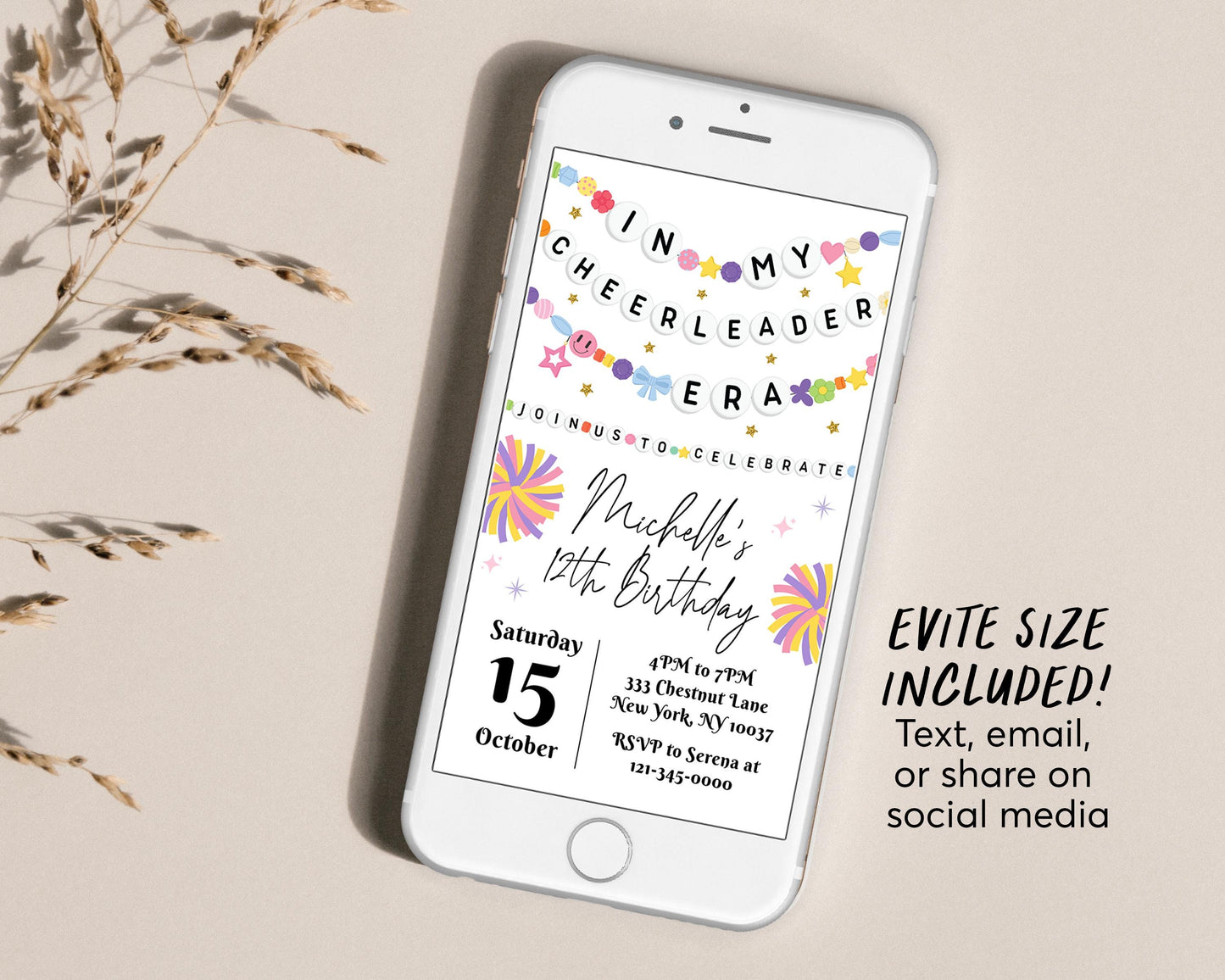 In My Cheerleader Era Birthday Invitation With Photo Editable Template, Cheer Era Girl Friendship Bracelet Party Invite, Birthday Era Evite