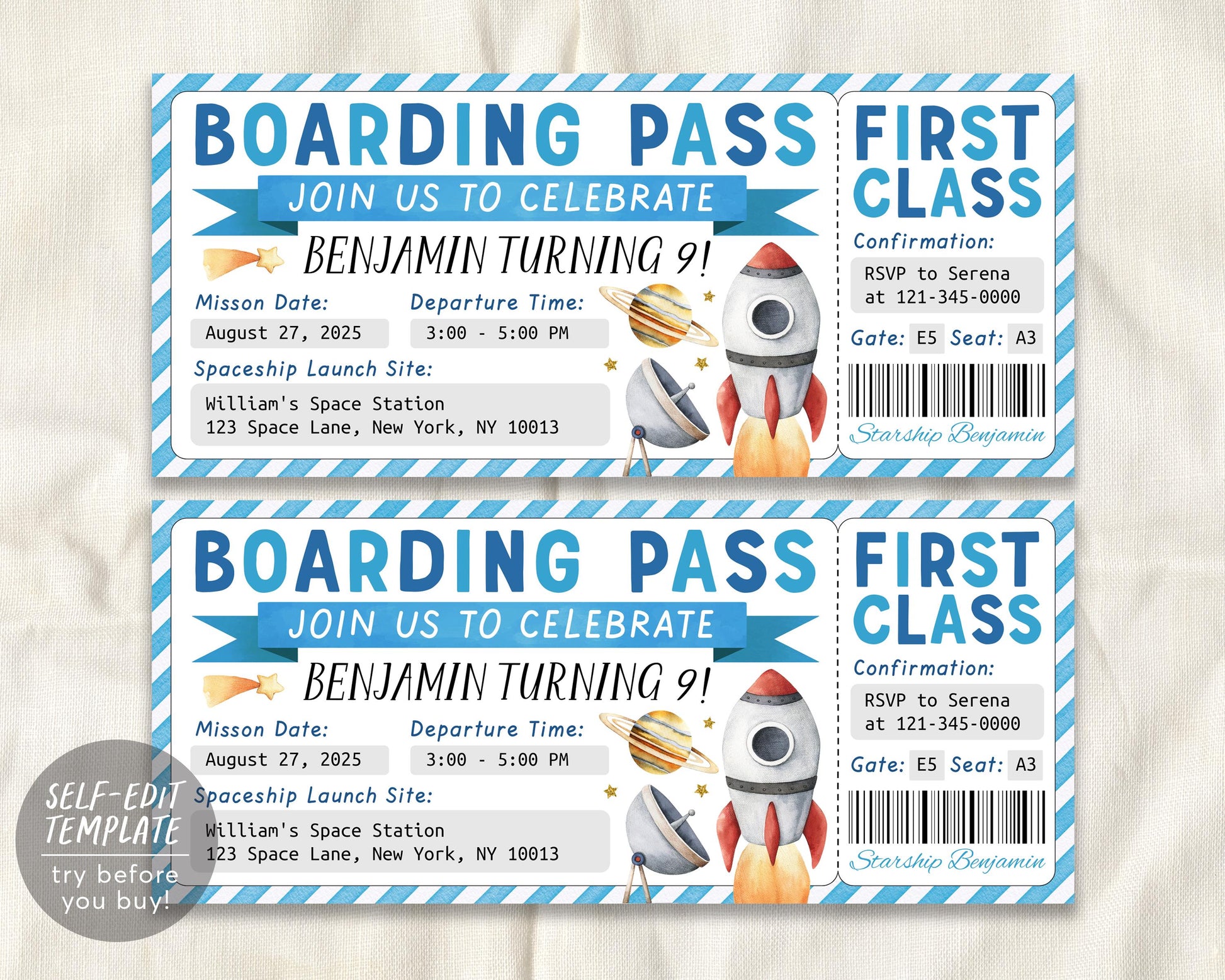 Space Theme Birthday Ticket Invitation Editable Template