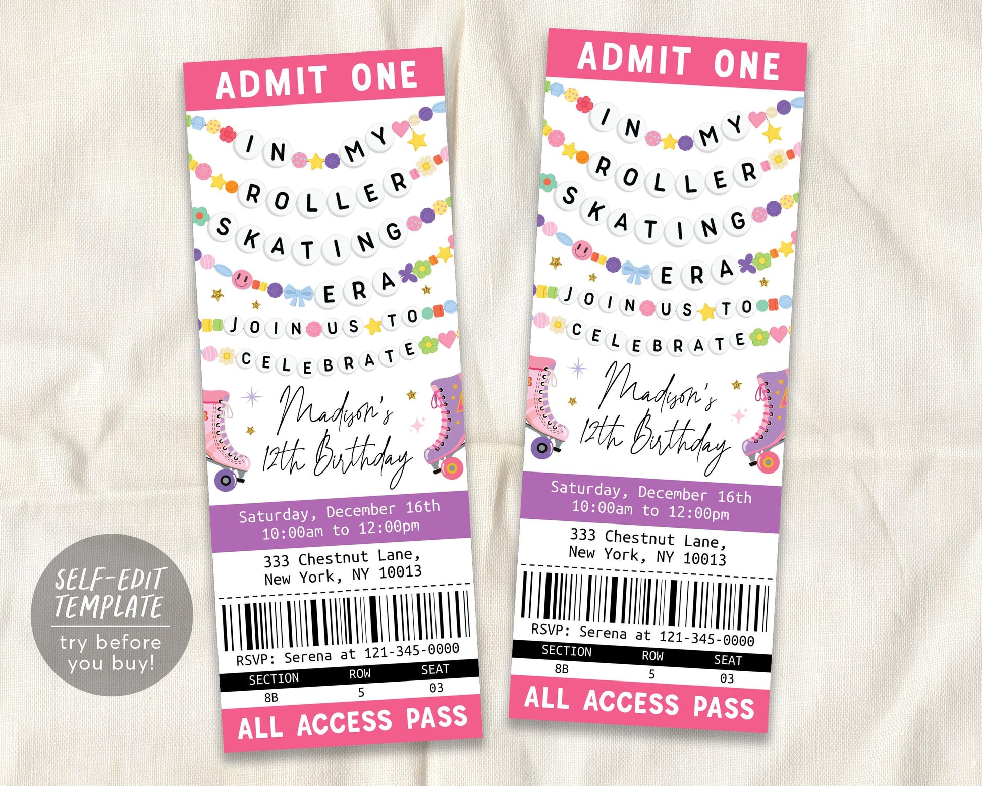 In My Roller Skating Era Ticket Invitation Editable Template