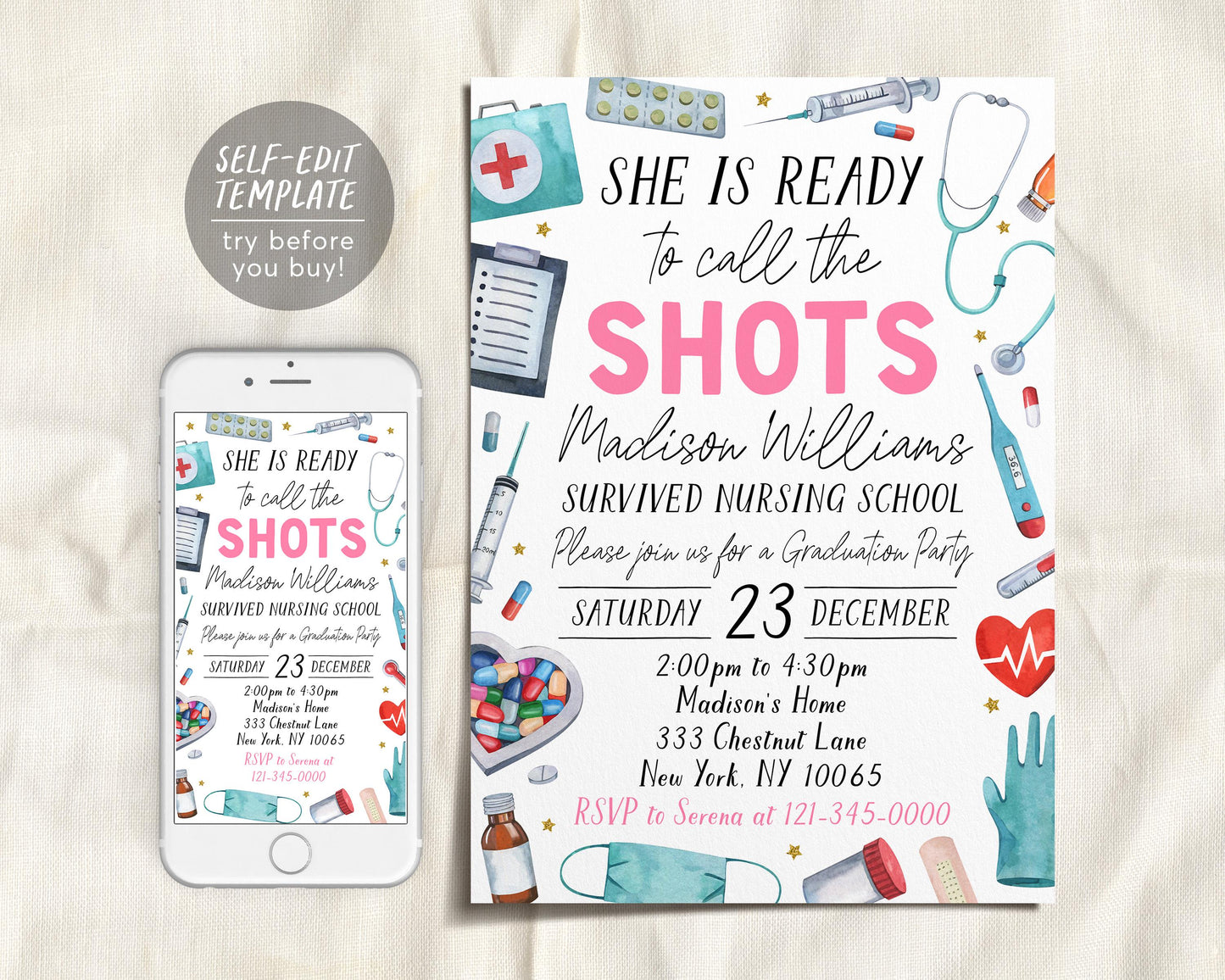 Nurse Graduation Invitation Editable Template