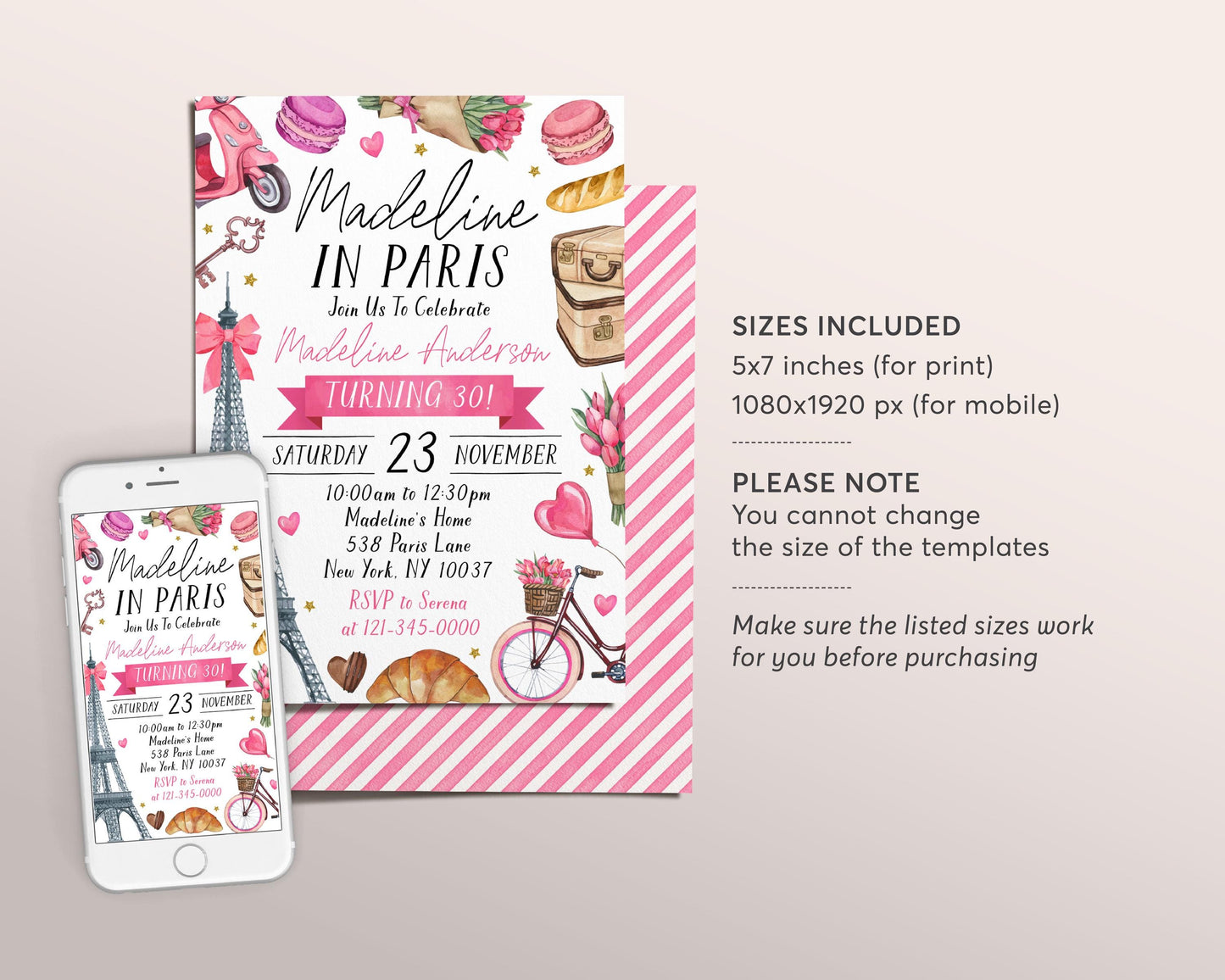 In Paris Theme Birthday Invitation Editable Template, Bonjour Eiffel Tower 30th 40th Birthday Party Invite, Oh La La French Parisian Evite