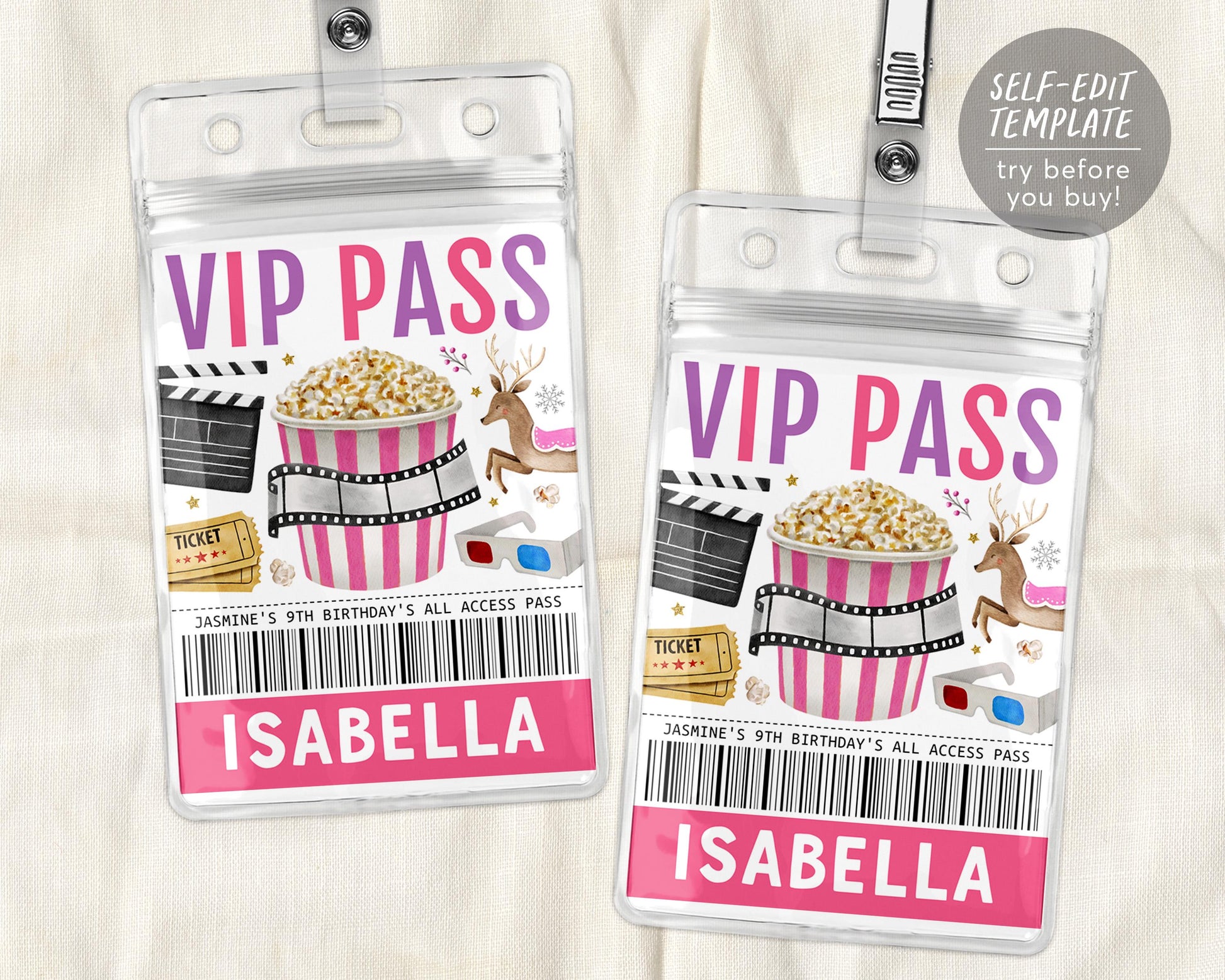 Christmas Movie Night VIP Pass Editable Template