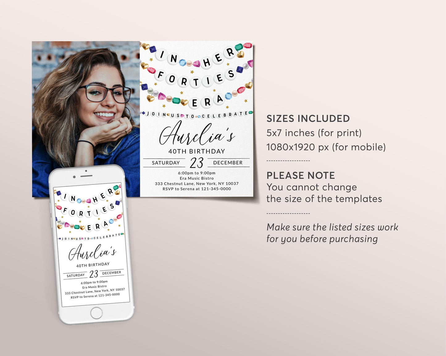 In My Forties Era Invitation With Photo Editable Template, Friendship Bracelet Party Invite, 40th Birthday Girl Eras Music Party Gems Evite
