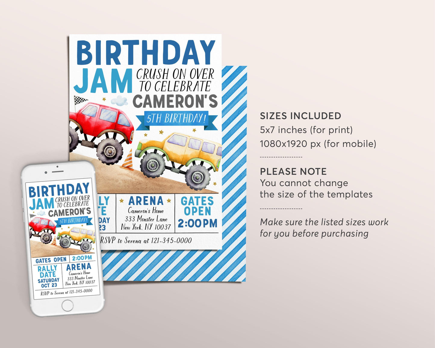 Birthday Monster Jam Birthday Invitation Editable Template, Monster Truck Party Invite, Boy Monster Truck Bash Crush On Over Evite Any Age