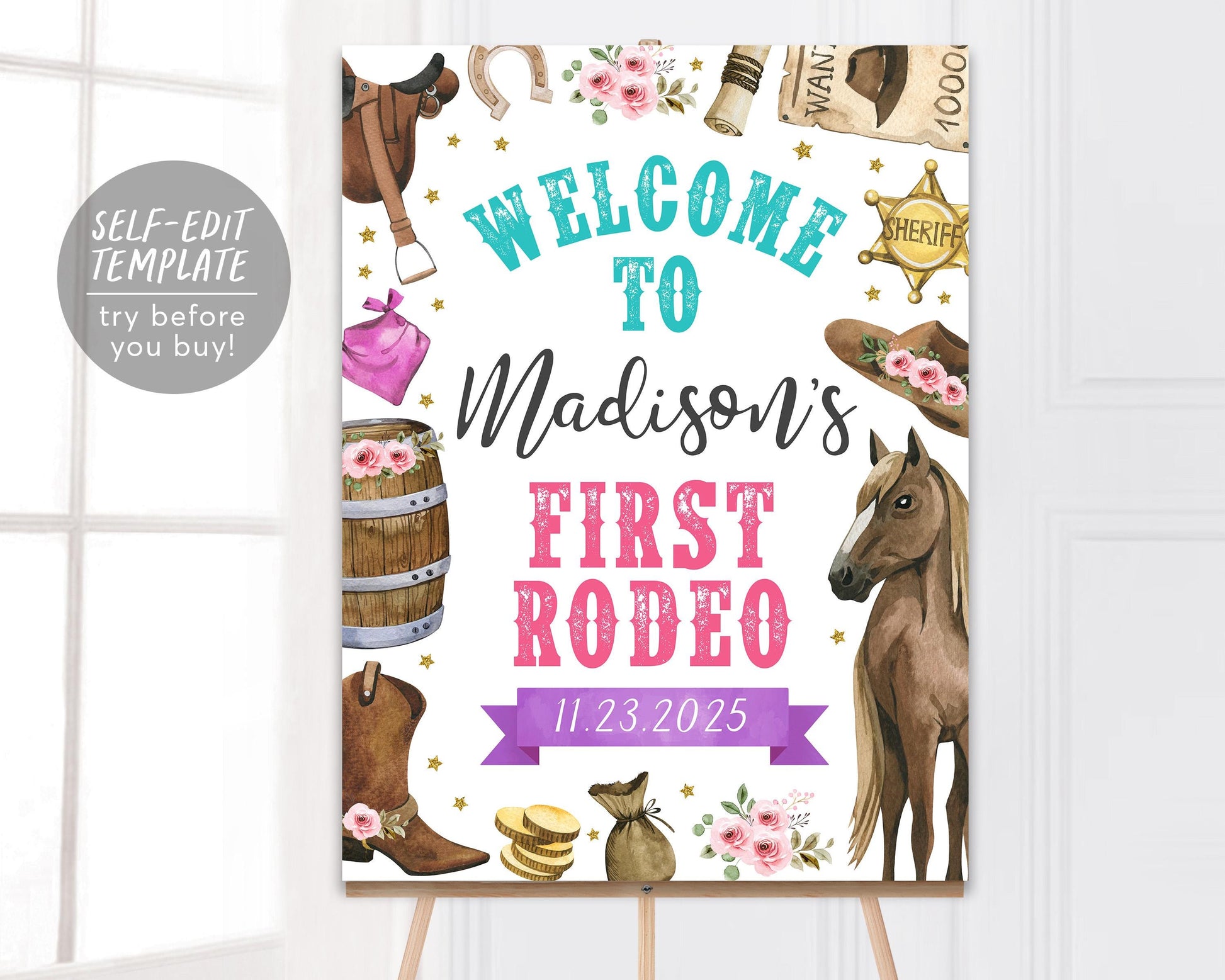 First Rodeo Birthday Welcome Sign Editable Template