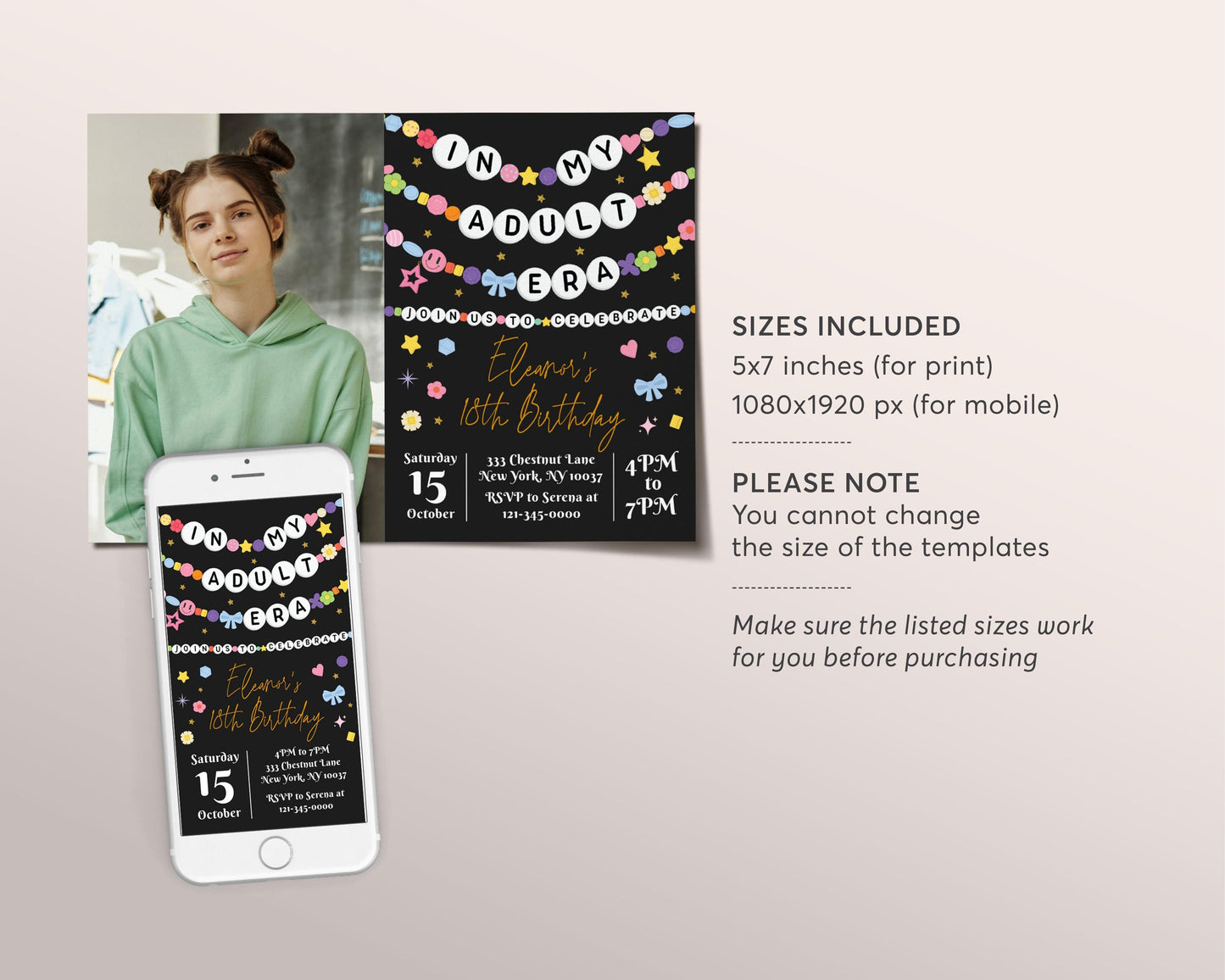 In My Adult Era Invitation With Photo Editable Template, Friendship Bracelet Party Invite, Eighteen 18th Girl Eras Music Black Gold Evite