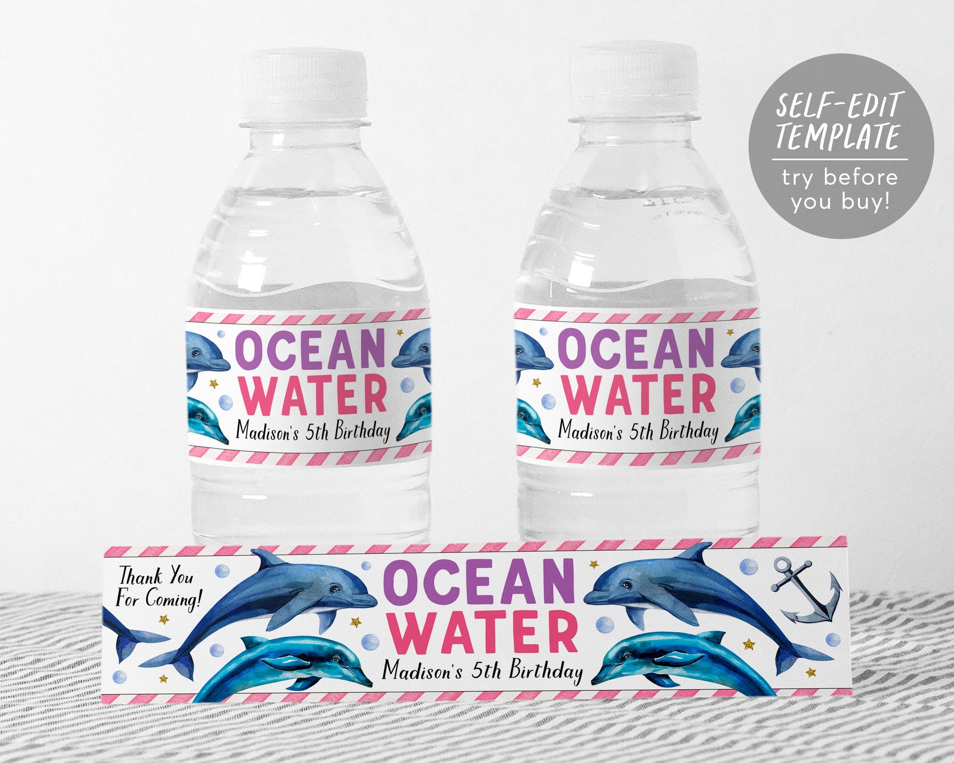 Dolphin Water Bottle Labels Editable Template