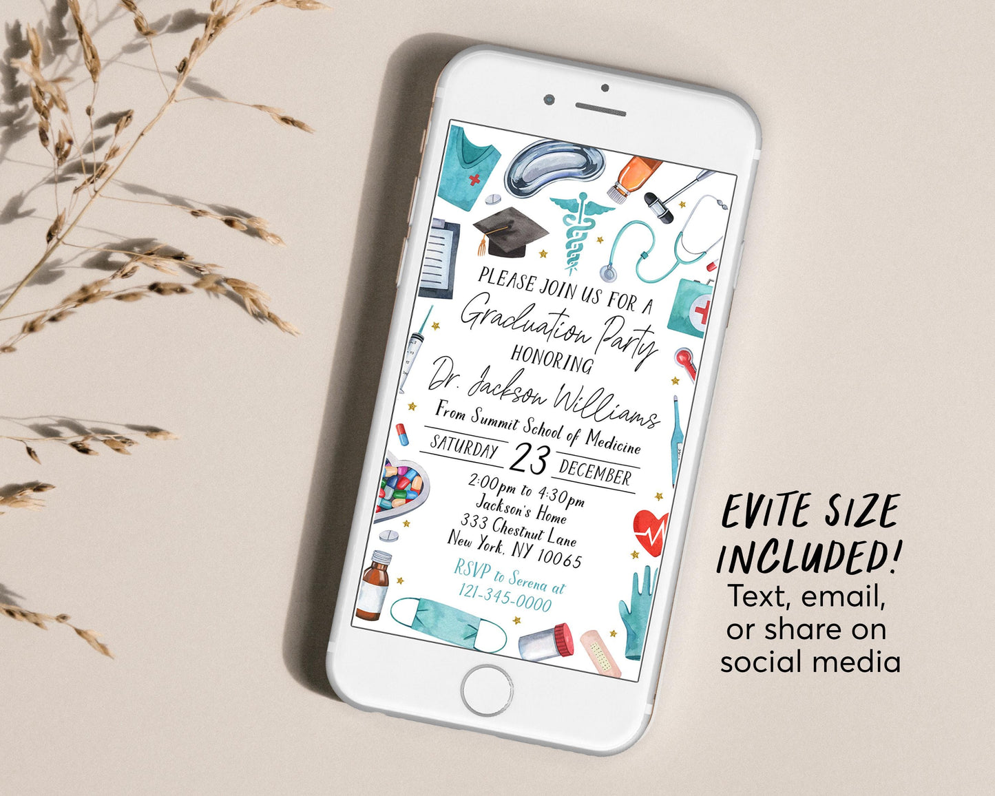 Doctor Graduation Invitation Editable Template, Medical School Grad Announcement Party Invite Men or Women, Physician MD DR Pharmacist Evite