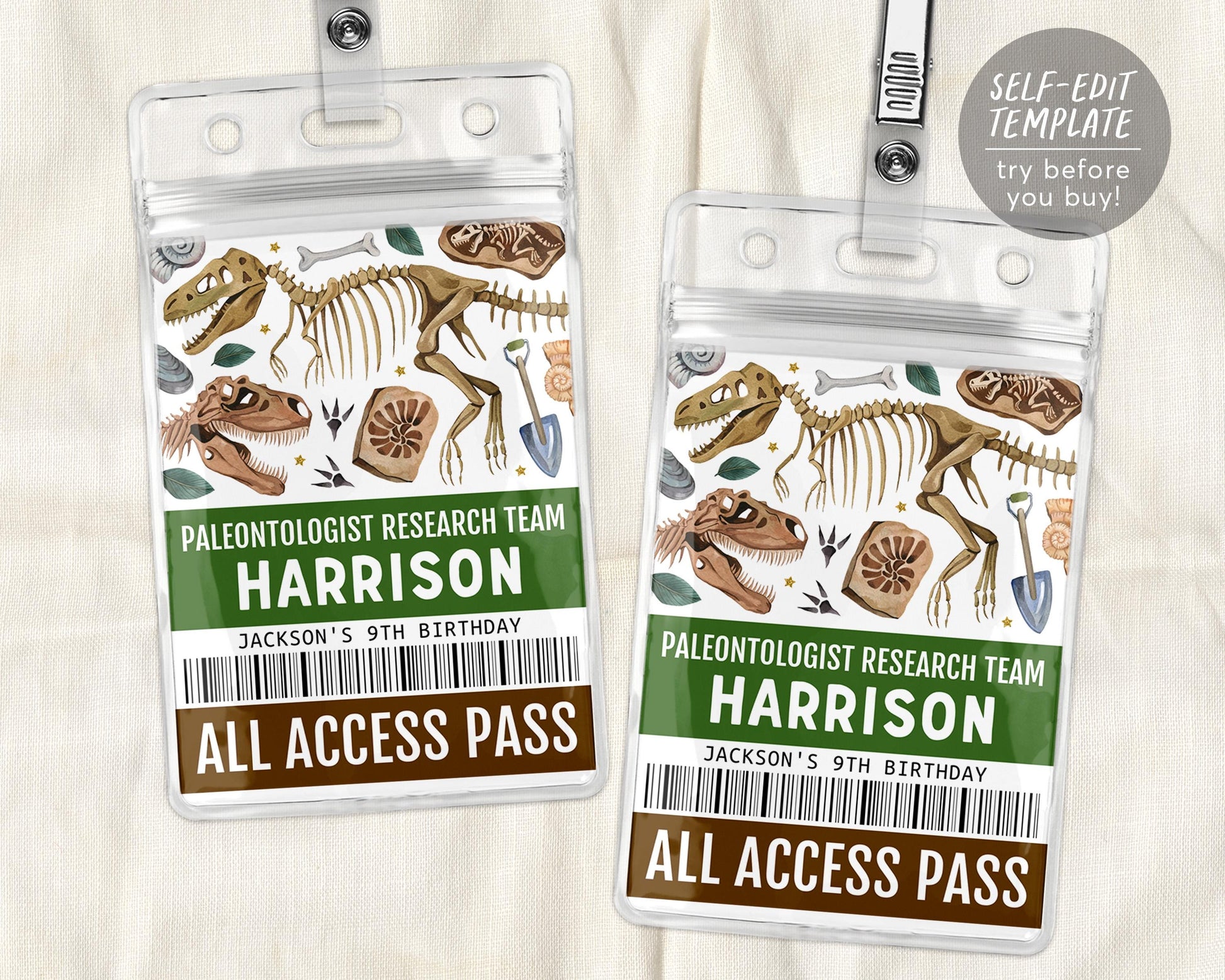 Dinosaur Party ID Badge VIP Pass Editable Template