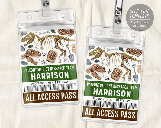 Dinosaur Party ID Badge VIP Pass Editable Template