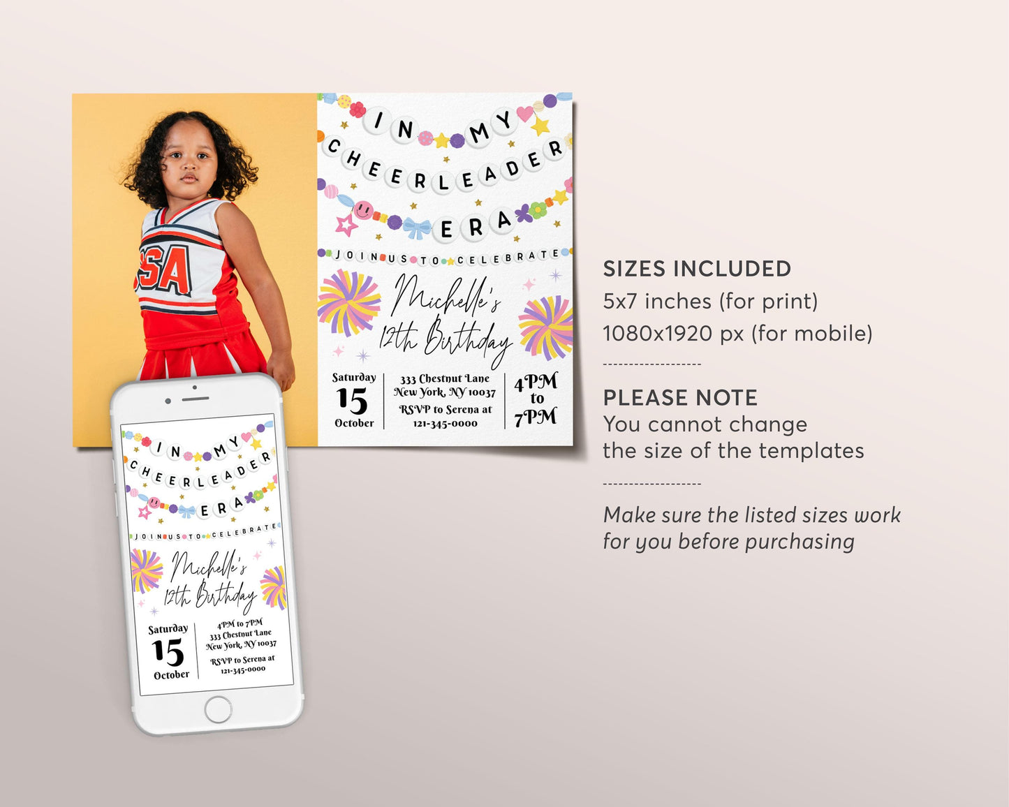 In My Cheerleader Era Birthday Invitation With Photo Editable Template, Cheer Era Girl Friendship Bracelet Party Invite, Birthday Era Evite