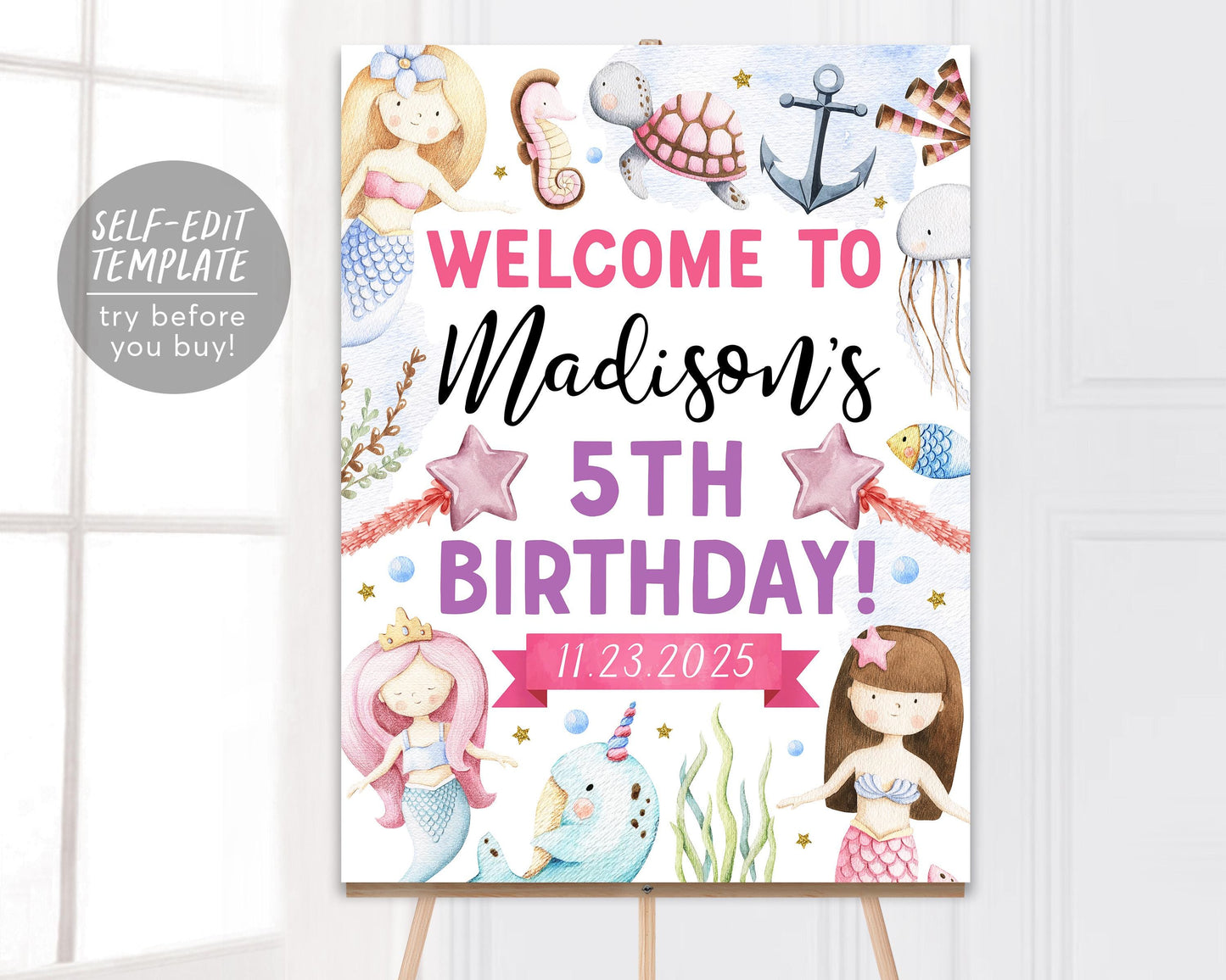 Mermaid Birthday Welcome Sign Editable Template