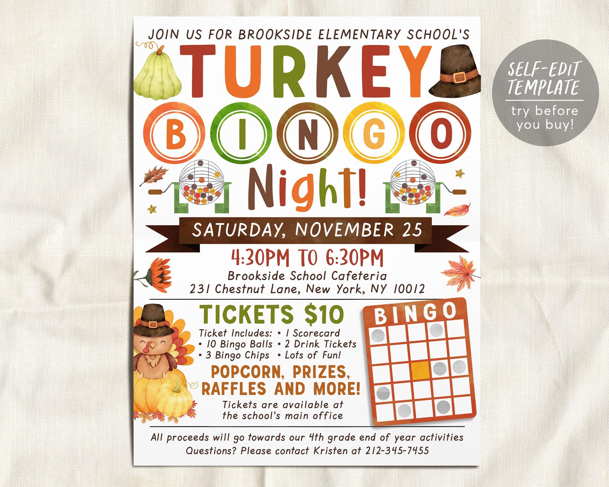 Turkey Bingo Night Fundraiser Flyer Editable Template