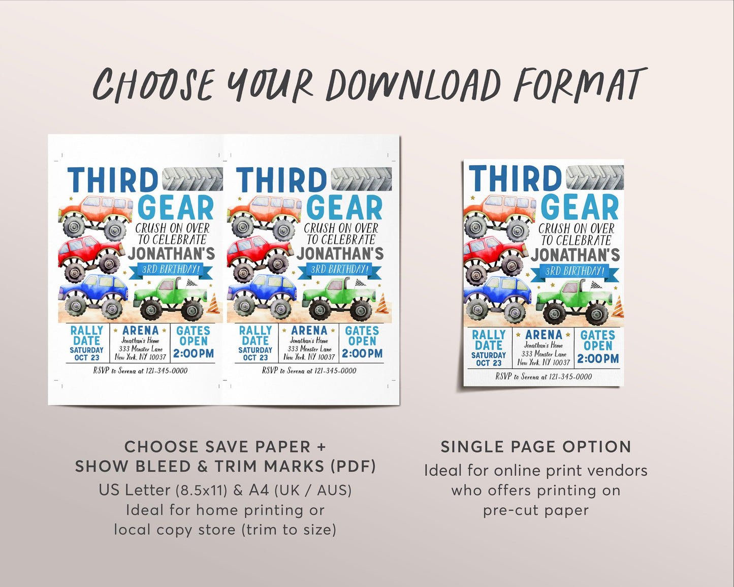 Monster Truck 3rd Birthday Invitation Editable Template, Third Gear Racing Trucks Party Bash Invite, Crush On Over Third Birthday Evite