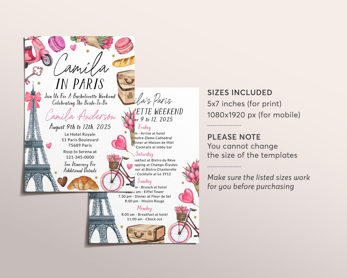Paris Bachelorette Itinerary And Invitation Editable Template, Paris Travel Planner Invite France Girls Night Out Weekend Schedule Hen Party
