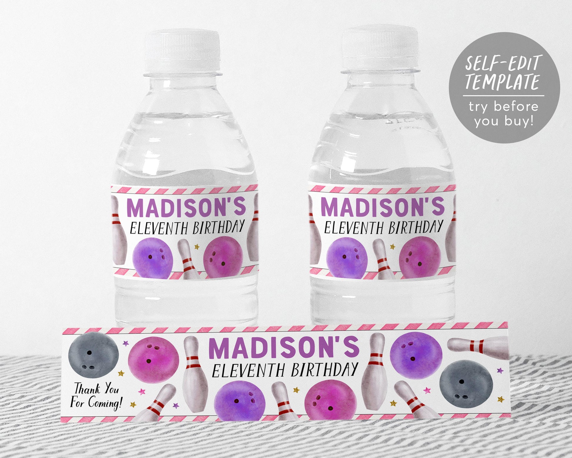 Bowling Water Bottle Labels Editable Template