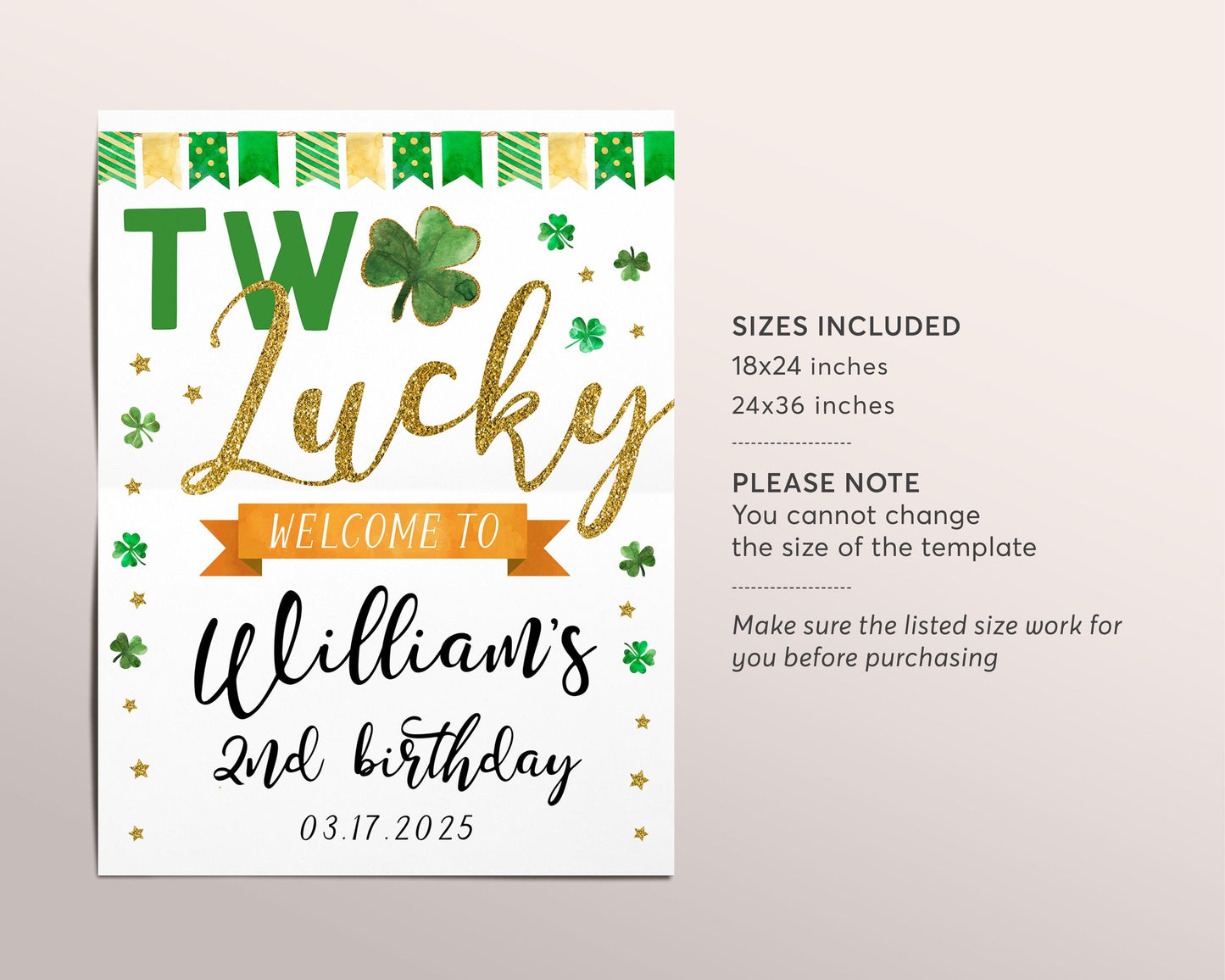 Two Lucky Birthday Welcome Sign Editable Template, St Patrick's Day Shamrock 2nd Birthday Party Poster, Four Leaf Clover Lucky Charm Sign