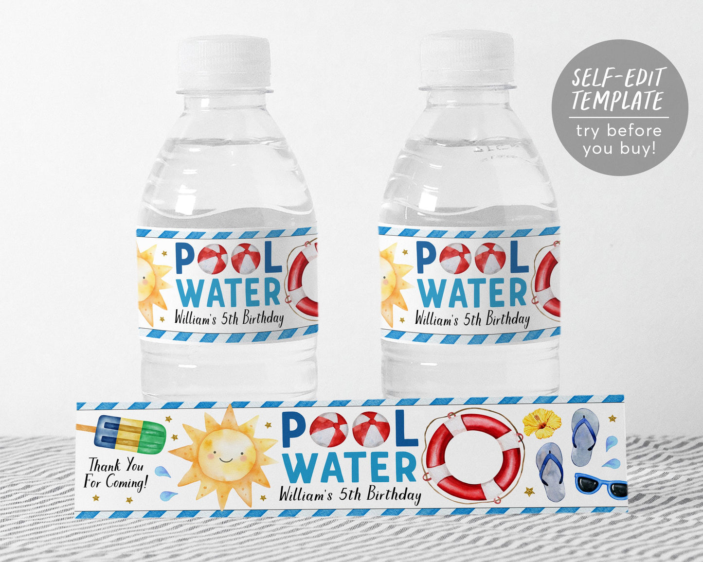 Pool Party Water Bottle Labels Editable Template, Boy Pool Water Splish Splash Birthday Party Bottle Wrapper Drink Tags, Swimming Pool Wrap