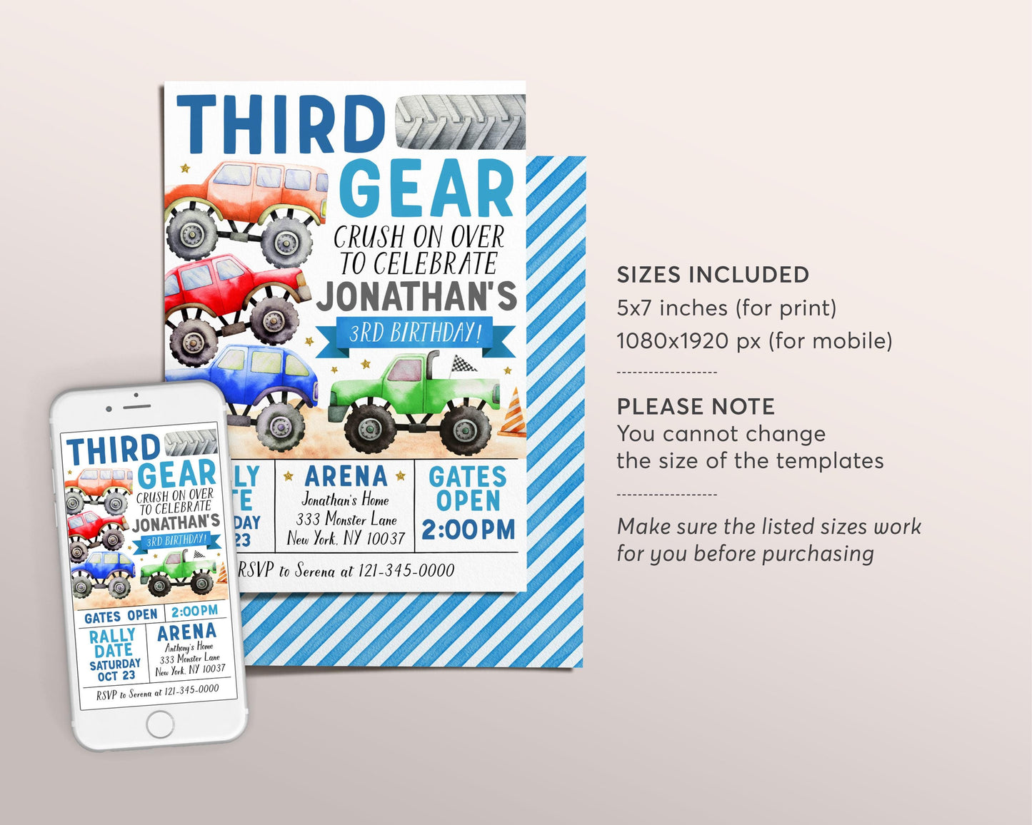 Monster Truck 3rd Birthday Invitation Editable Template, Third Gear Racing Trucks Party Bash Invite, Crush On Over Third Birthday Evite