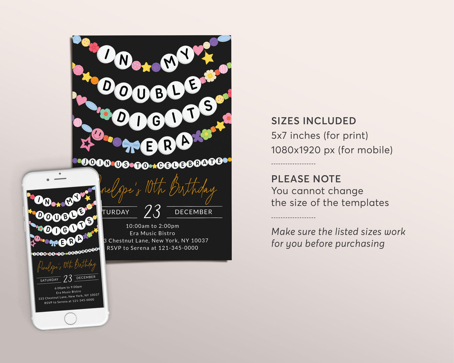 In My Double Digits Era Invitation Editable Template, Friendship Bracelet Party Invite, Tenth 10th Birthday Tween Girl Eras Music Evite