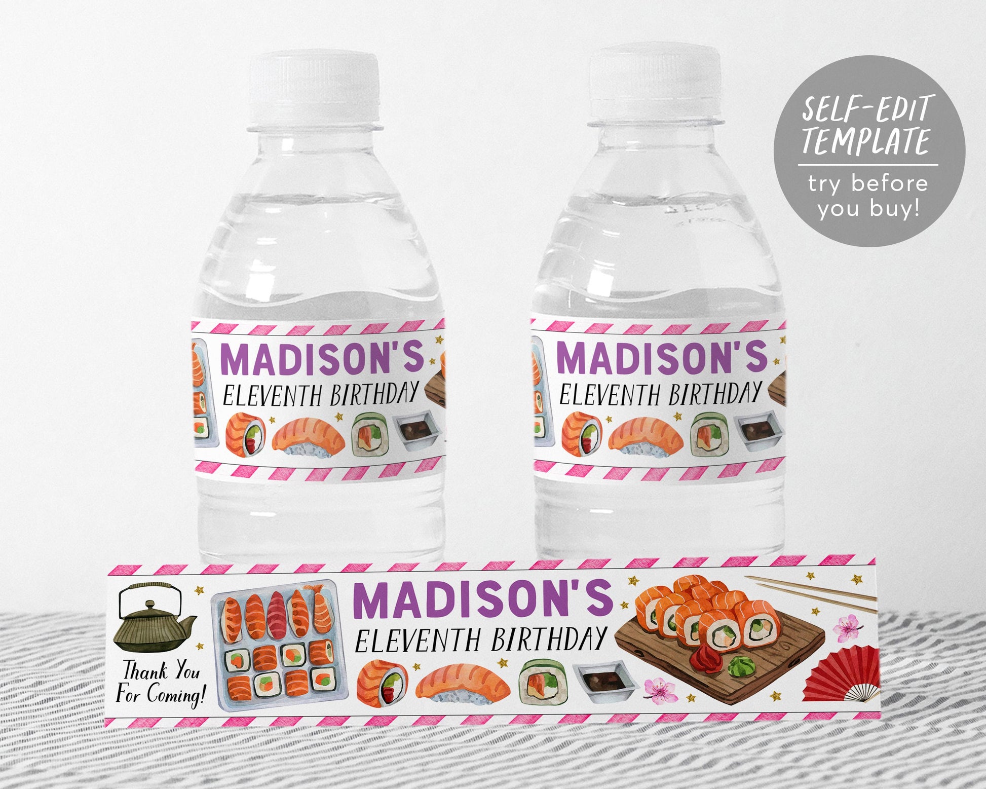 Sushi Party Water Bottle Labels Editable Template