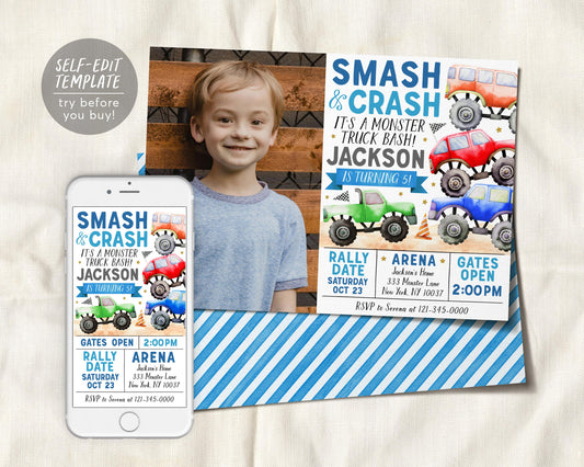 Monster Truck Birthday Invitation With Photo Editable Template