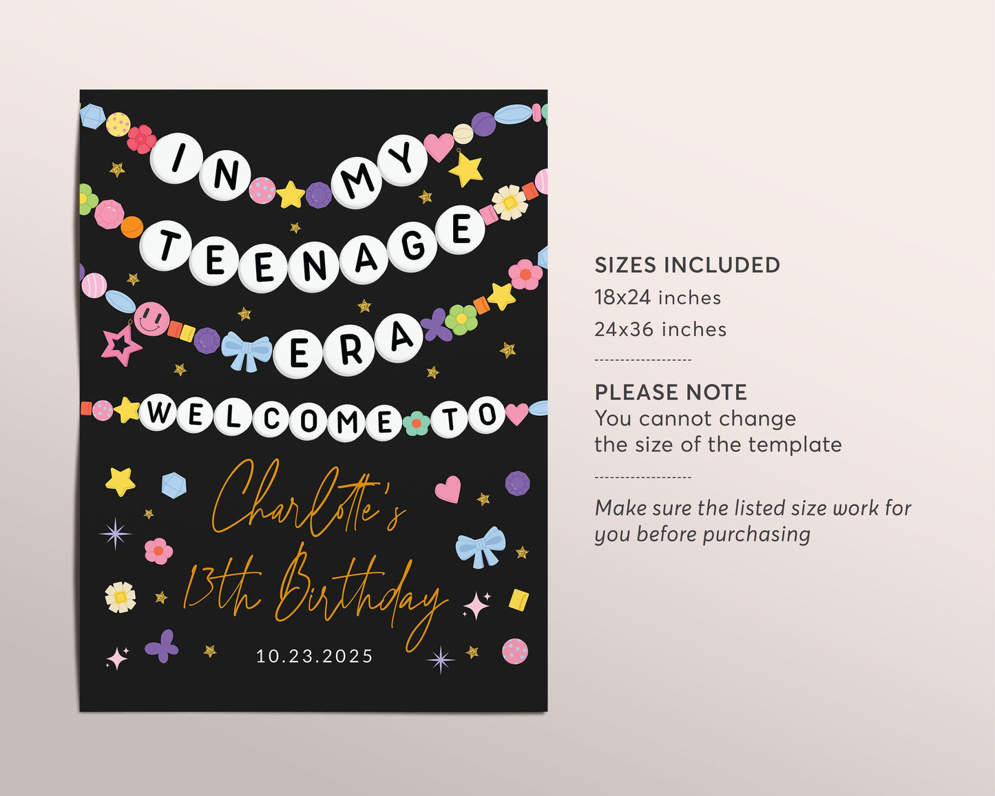 In My Teenage Era Welcome Sign Editable Template, Eras Friendship Bracelet Party Birthday Poster, Teen Thirteen 13th Music Tour Party Board