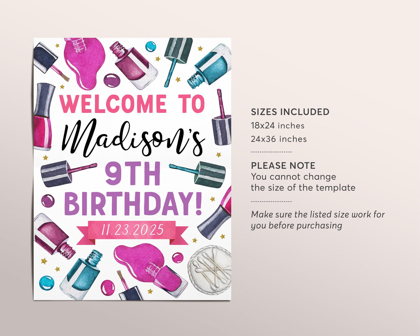 Mani Pedi Birthday Party Welcome Sign Editable Template, Manicure Pedicure Nail Salon Birthday Party Poster, Spa Pamper Party Decor Banner