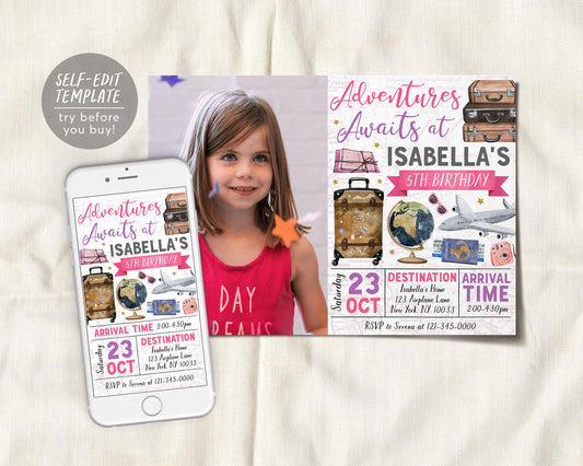 Adventure Awaits Travel Birthday Invitation With Photo Editable Template