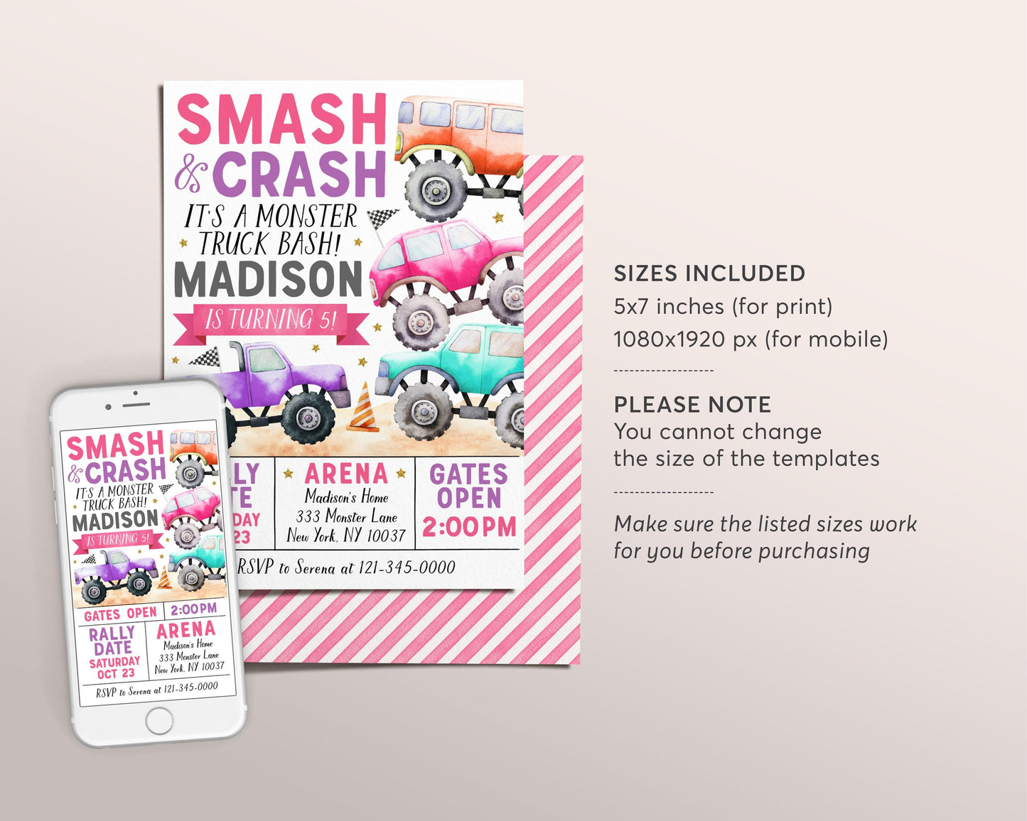 Monster Truck Birthday Invitation Editable Template, Girl It's A Monster Truck Bash Invite, Smash And Crash Party Evite Any Age Printable