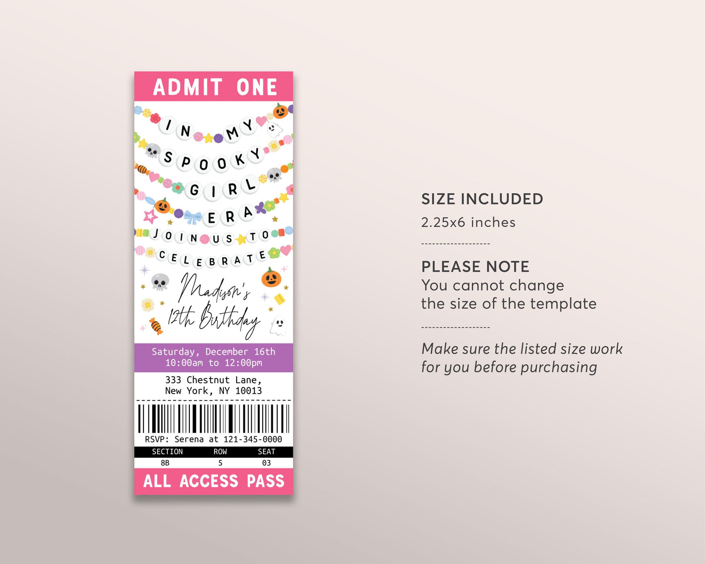 In My Spooky Girl Era Ticket Invitation Editable Template, Halloween Ghost Friendship Bracelet Party Invite, Spooky Birthday Era Eras Evite