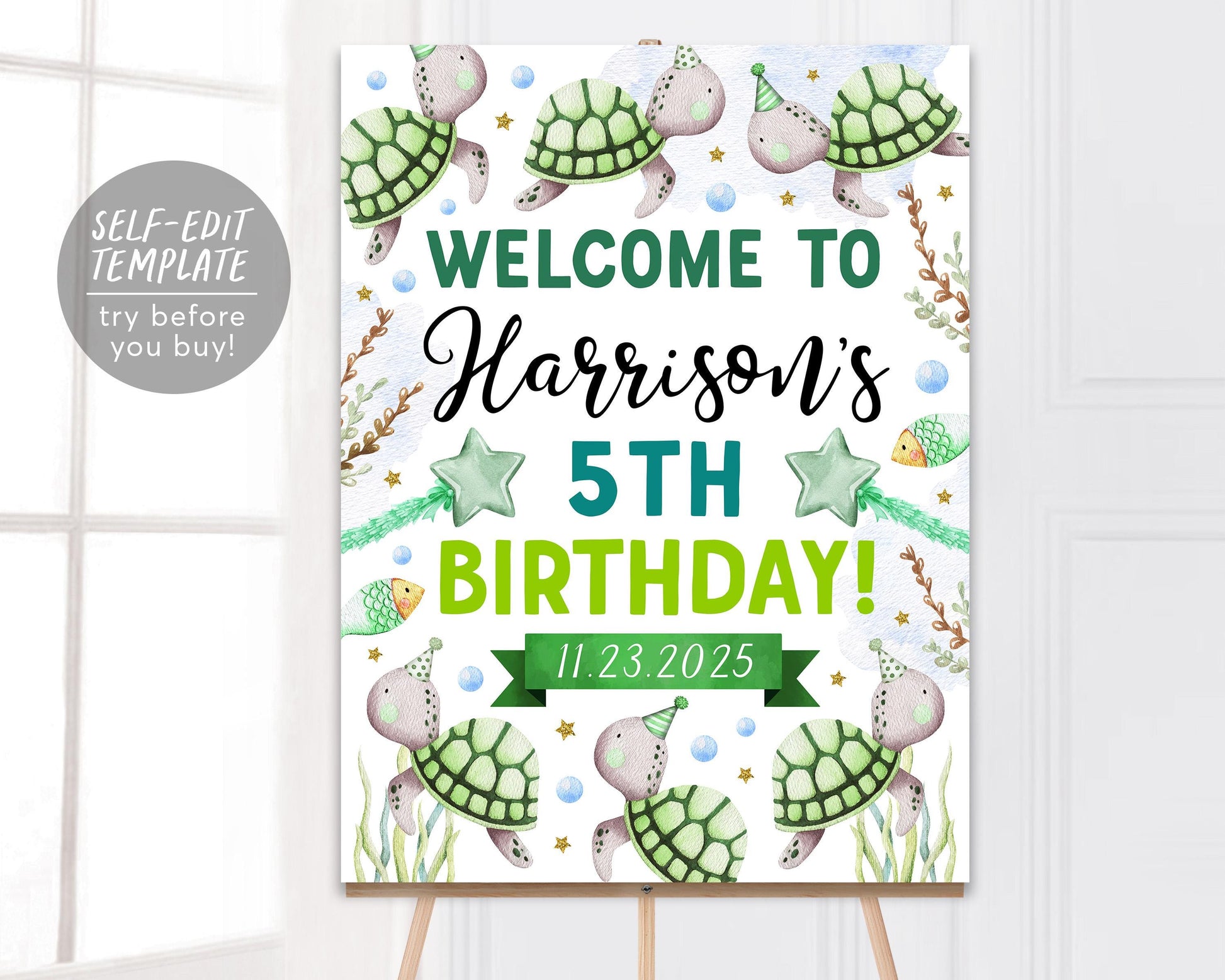 Turtle Birthday Welcome Sign Editable Template