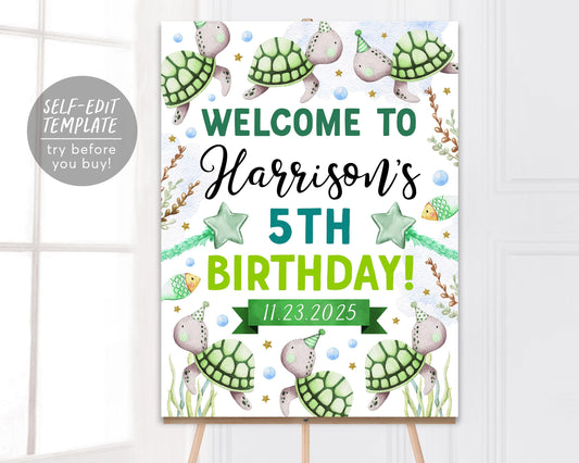 Turtle Birthday Welcome Sign Editable Template