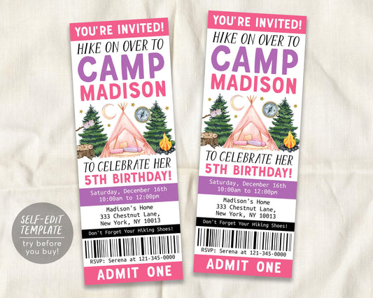 Camping Birthday Ticket Invitation Editable Template