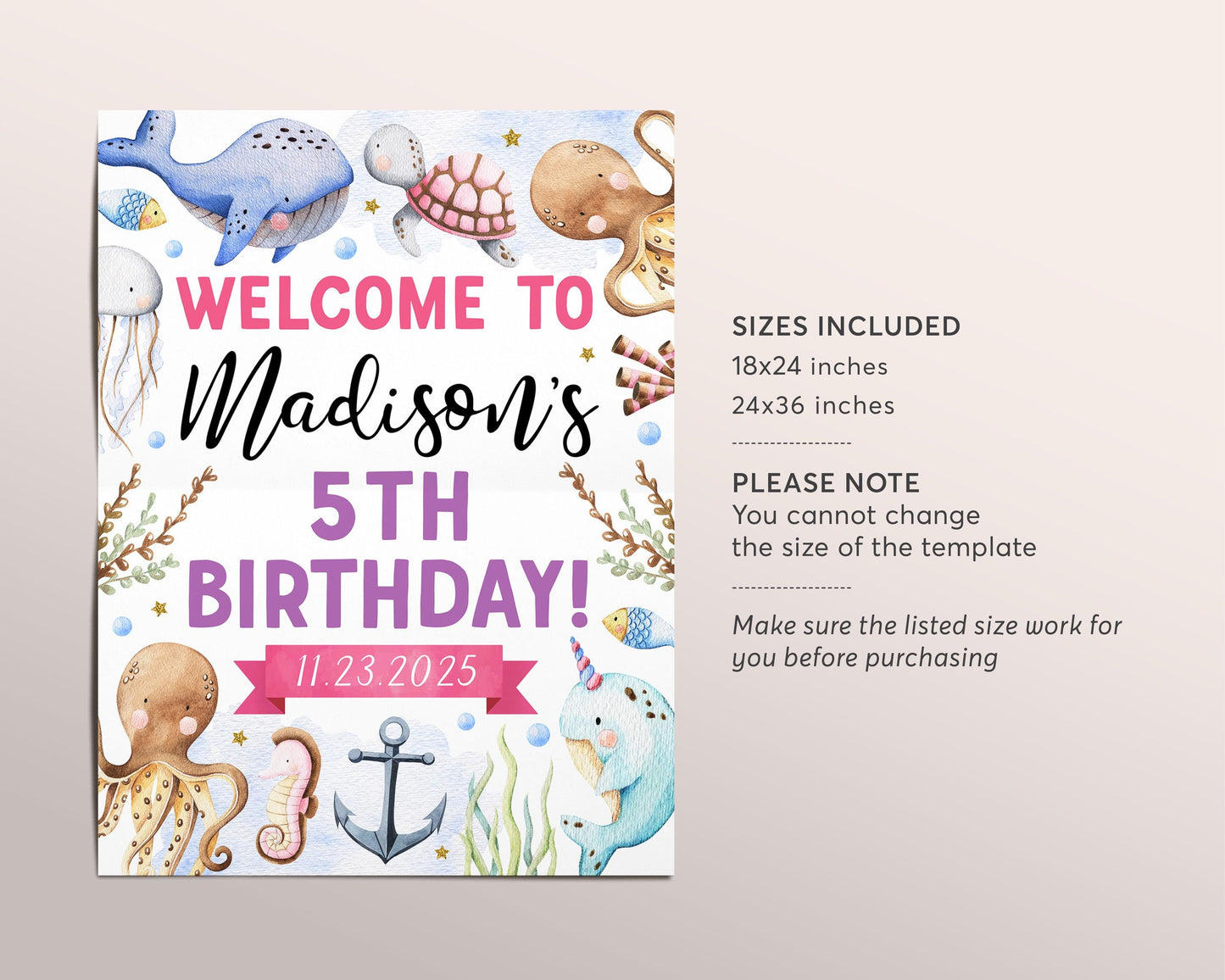 Under The Sea Birthday Welcome Sign Editable Template, Girl Oneder The Sea Ocean Animals Underwater Adventure Party Aquarium Trip Poster