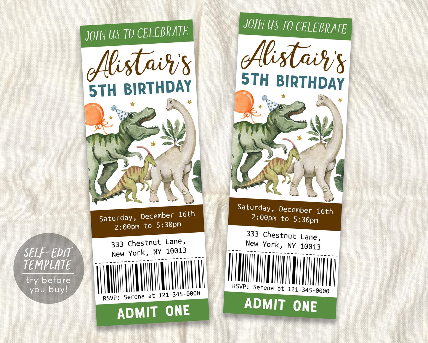 Dinosaur Birthday Ticket Invitation Editable Template