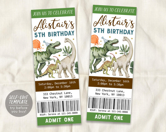 Dinosaur Birthday Ticket Invitation Editable Template